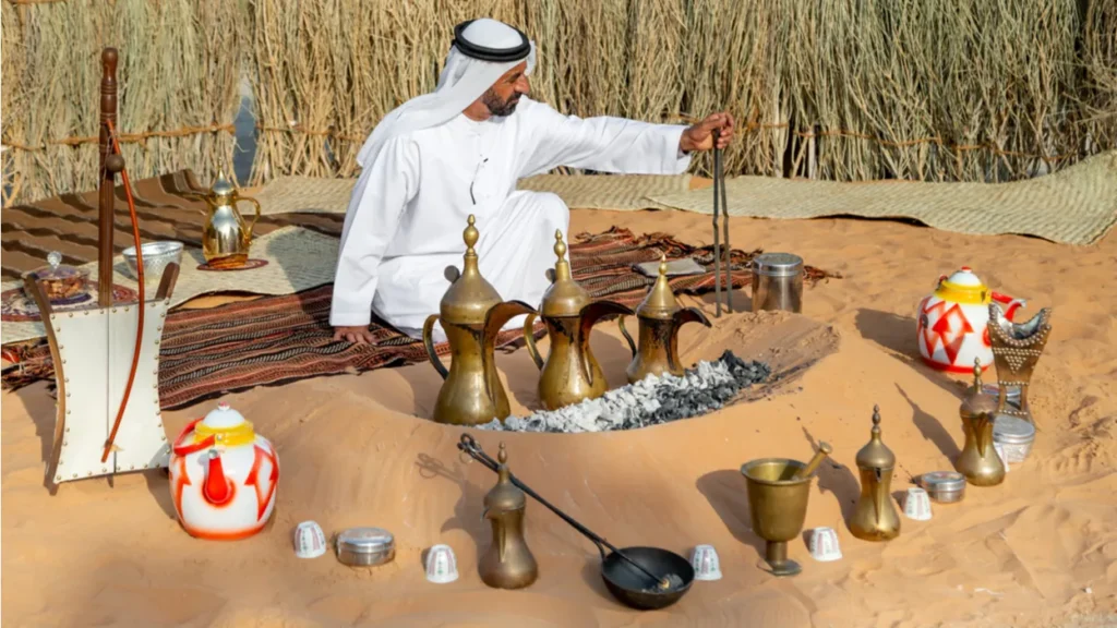 Arabic gahwa and dates served in a bedouin-style camp